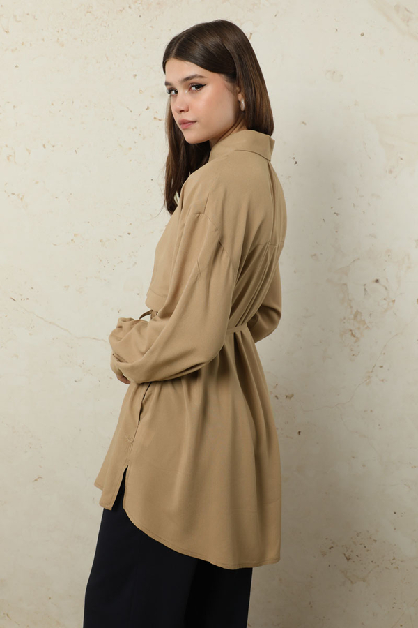 Bağlamalı Tunik Gömlek Bej - 7