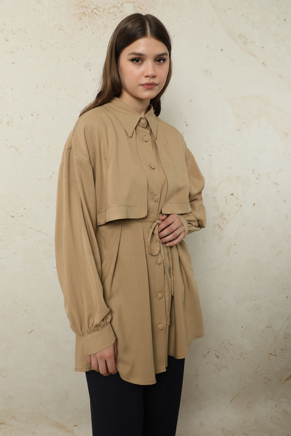 Bağlamalı Tunik Gömlek Bej - 5