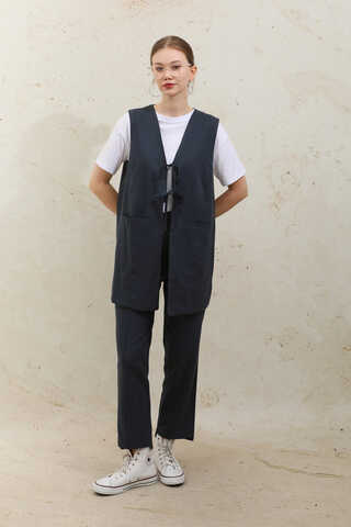 Bağlamalı Uzun Yelek Takım Lacivert - 2