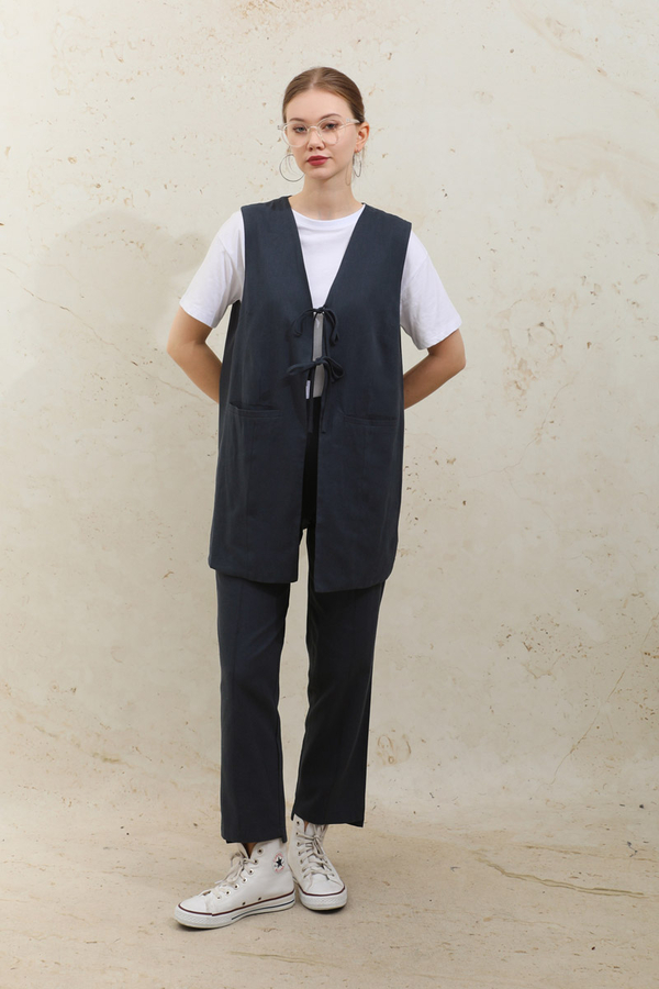 Bağlamalı Uzun Yelek Takım Lacivert - 2