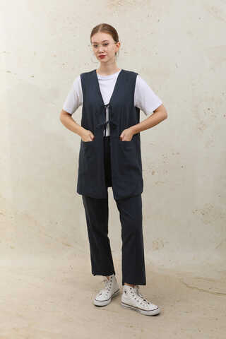 Bağlamalı Uzun Yelek Takım Lacivert - 1