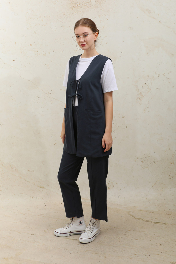 Bağlamalı Uzun Yelek Takım Lacivert - 3