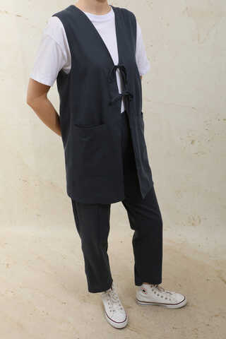 Bağlamalı Uzun Yelek Takım Lacivert - 4