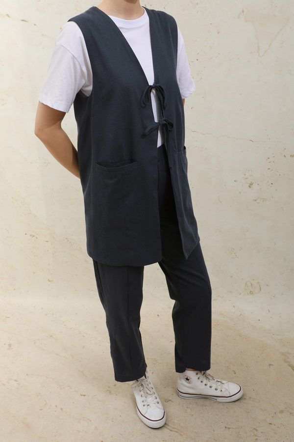 Bağlamalı Uzun Yelek Takım Lacivert - 4