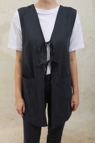 Bağlamalı Uzun Yelek Takım Lacivert - 6