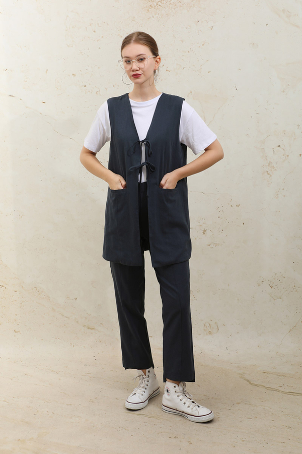 Bağlamalı Uzun Yelek Takım Lacivert - 1