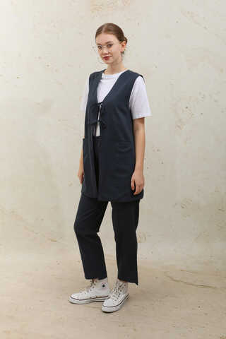 Bağlamalı Uzun Yelek Takım Lacivert - 3