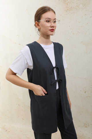 Bağlamalı Uzun Yelek Takım Lacivert - 5