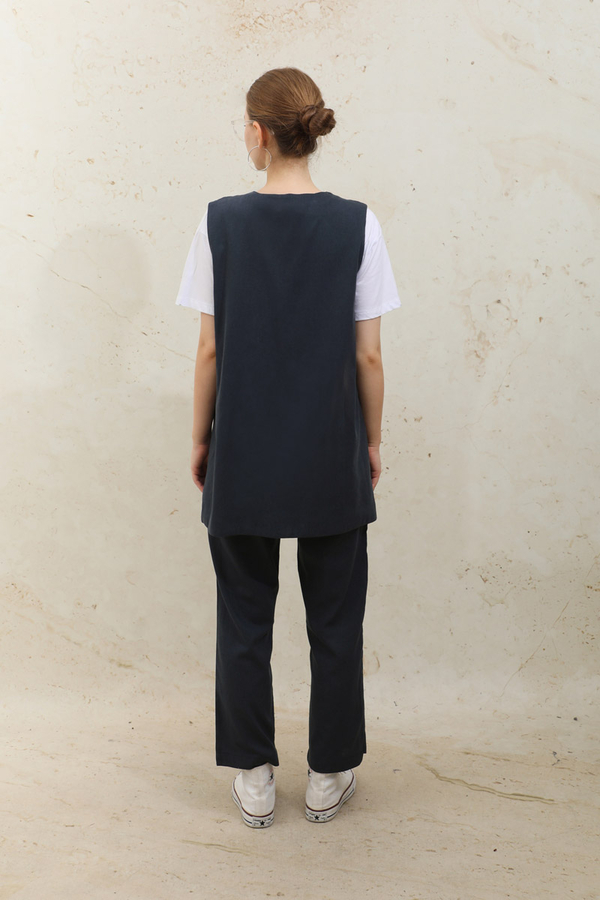 Bağlamalı Uzun Yelek Takım Lacivert - 7