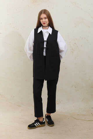 Bağlamalı Uzun Yelek Takım Siyah - 2