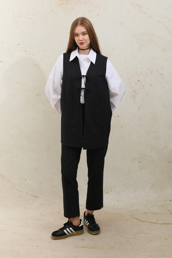 Bağlamalı Uzun Yelek Takım Siyah - 2