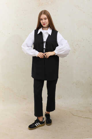 Bağlamalı Uzun Yelek Takım Siyah - 3