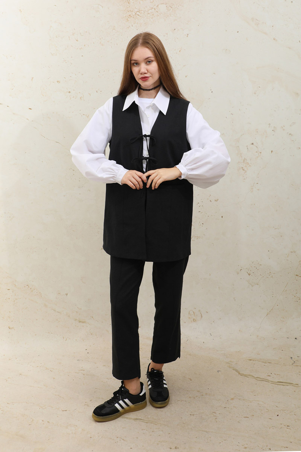 Bağlamalı Uzun Yelek Takım Siyah - 3