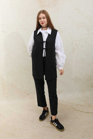 Bağlamalı Uzun Yelek Takım Siyah - 1