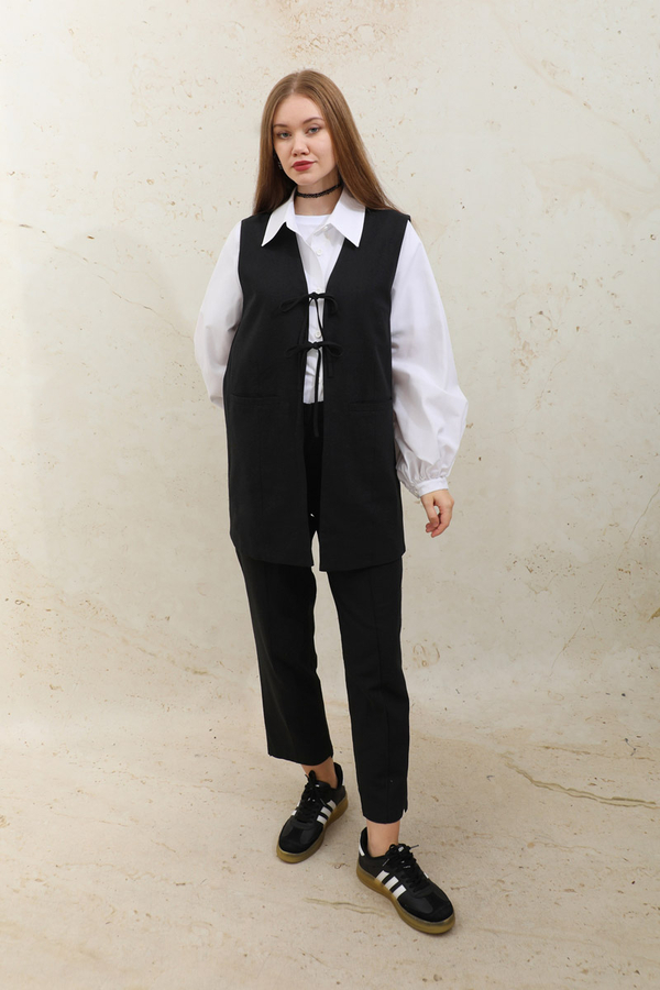 Bağlamalı Uzun Yelek Takım Siyah - 1