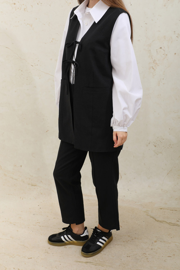 Bağlamalı Uzun Yelek Takım Siyah - 4