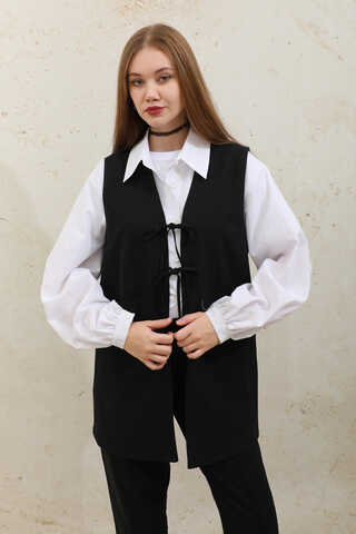 Bağlamalı Uzun Yelek Takım Siyah - 5