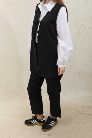 Bağlamalı Uzun Yelek Takım Siyah - 4