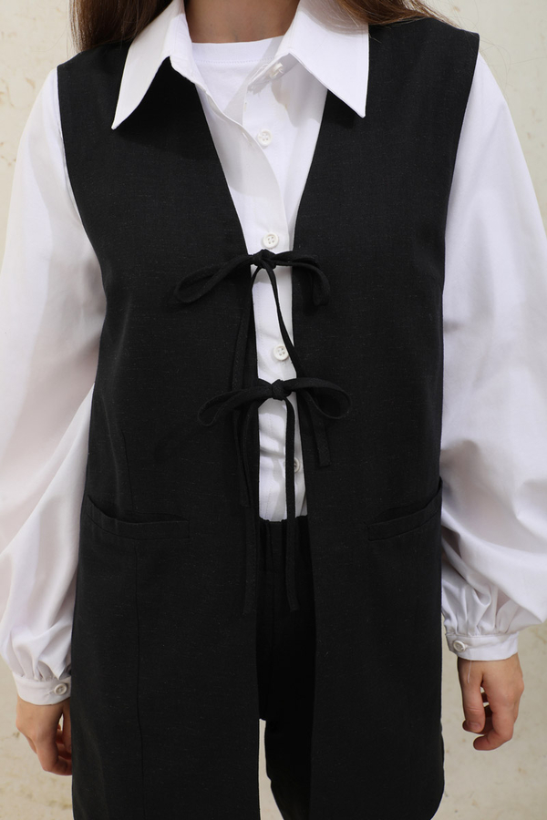 Bağlamalı Uzun Yelek Takım Siyah - 6