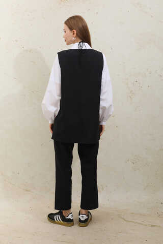 Bağlamalı Uzun Yelek Takım Siyah - 7