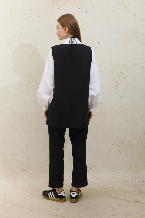 Bağlamalı Uzun Yelek Takım Siyah - 7