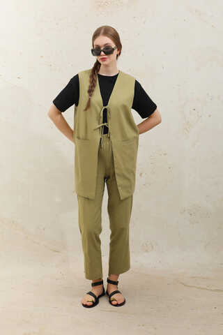 Bağlamalı Uzun Yelek Takım Yağ Yeşili - 2