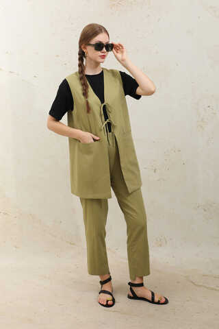 Bağlamalı Uzun Yelek Takım Yağ Yeşili - 3