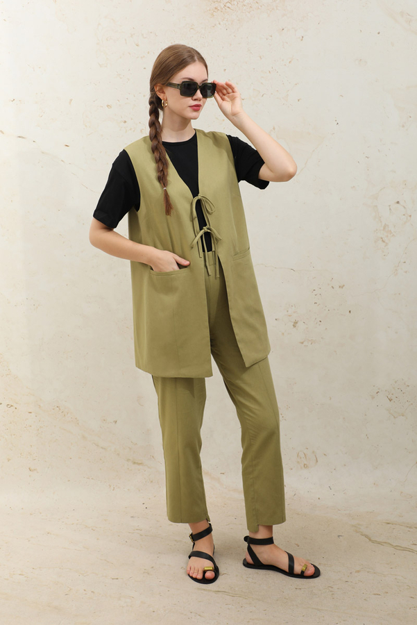 Bağlamalı Uzun Yelek Takım Yağ Yeşili - 3