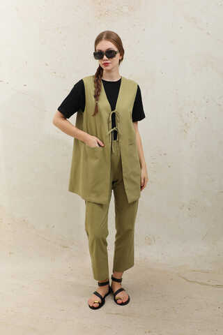 Bağlamalı Uzun Yelek Takım Yağ Yeşili - 1