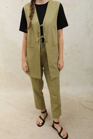 Bağlamalı Uzun Yelek Takım Yağ Yeşili - 4