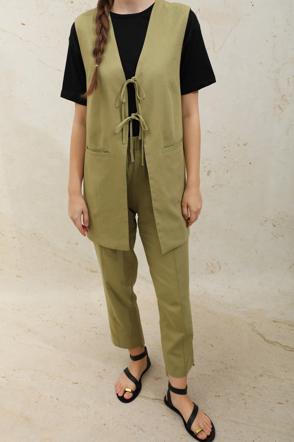 Bağlamalı Uzun Yelek Takım Yağ Yeşili - 4