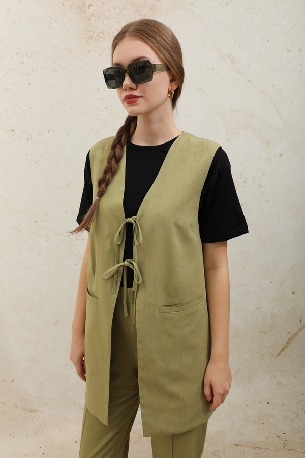 Bağlamalı Uzun Yelek Takım Yağ Yeşili - 5