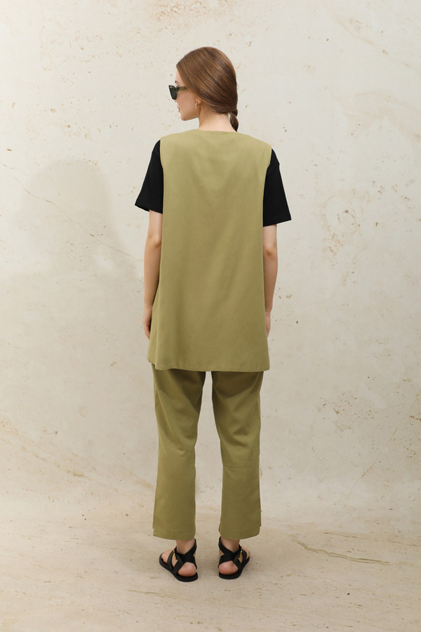 Bağlamalı Uzun Yelek Takım Yağ Yeşili - 6