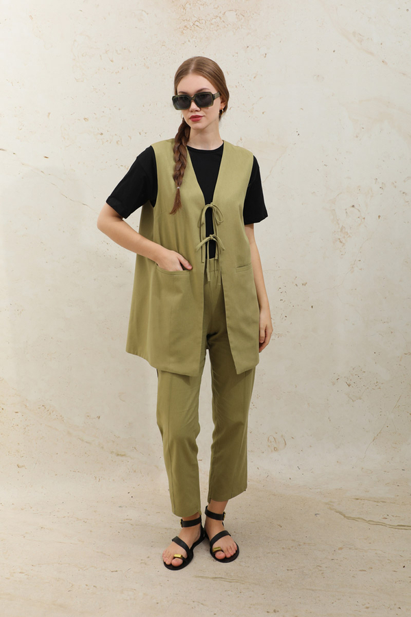 Bağlamalı Uzun Yelek Takım Yağ Yeşili 