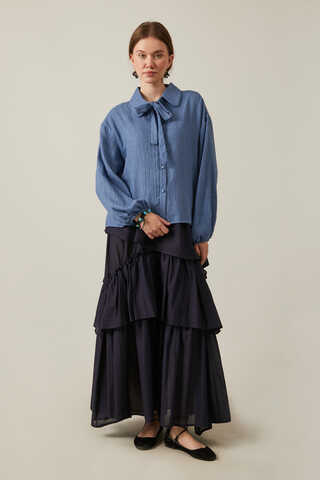 Bağlamalı Vual Gömlek İndigo - 6