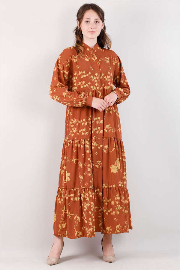 Bahar Desenli Elbise Kiremit - 1