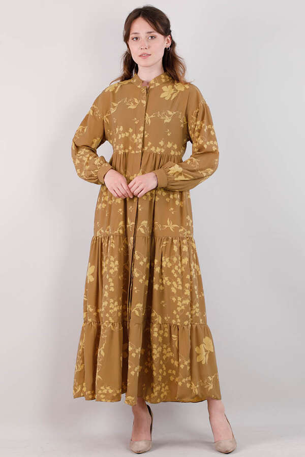 Bahar Desenli Elbise Koyu Hardal - 1
