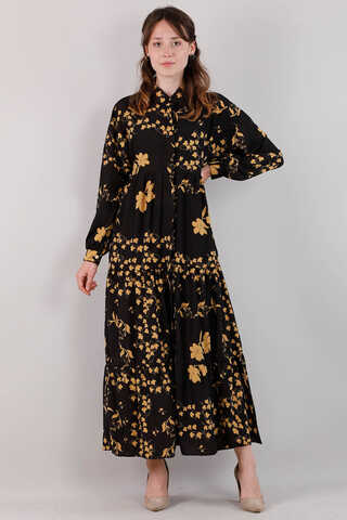 Bahar Desenli Elbise Siyah - 1