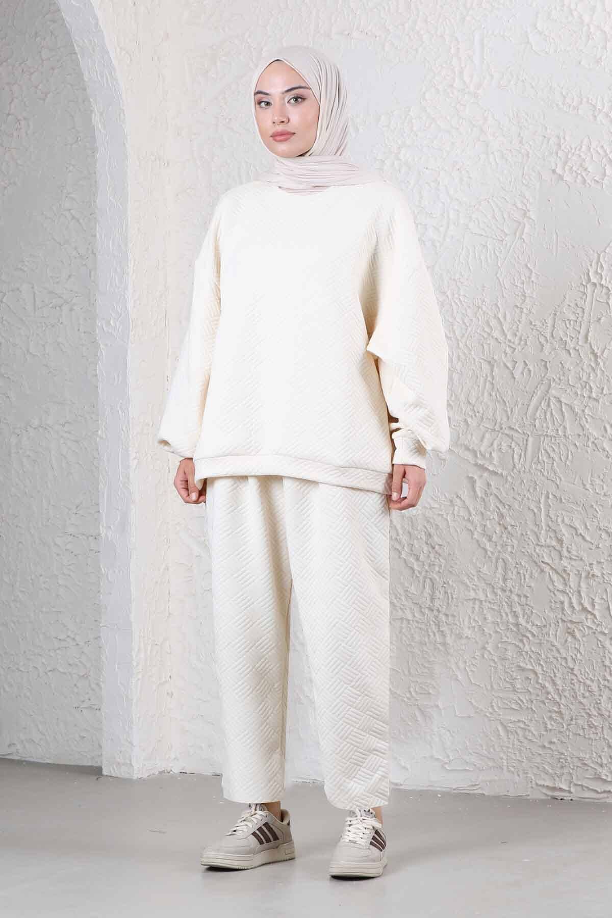 Baklava Desenli Sweat Takım Ekru