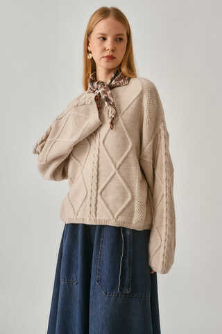 Baklava Örgü Kazak Pudra - 7