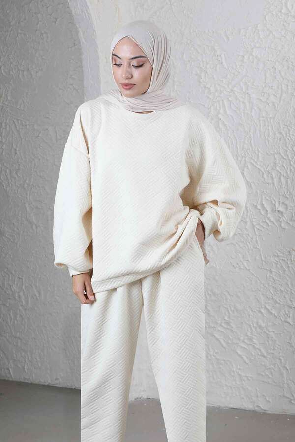 Baklava Patterned Sweat Suit Ecru - 2