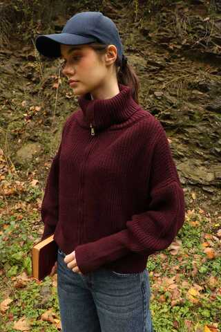 Balıkçı Yaka Fermuarlı Kazak Bordo - 4