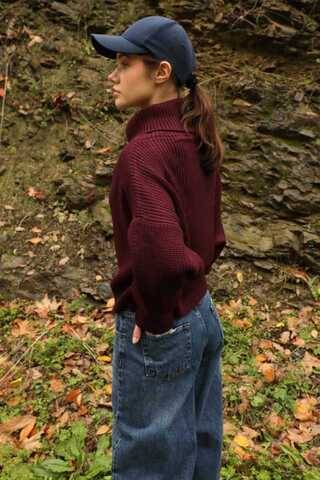 Balıkçı Yaka Fermuarlı Kazak Bordo - 5