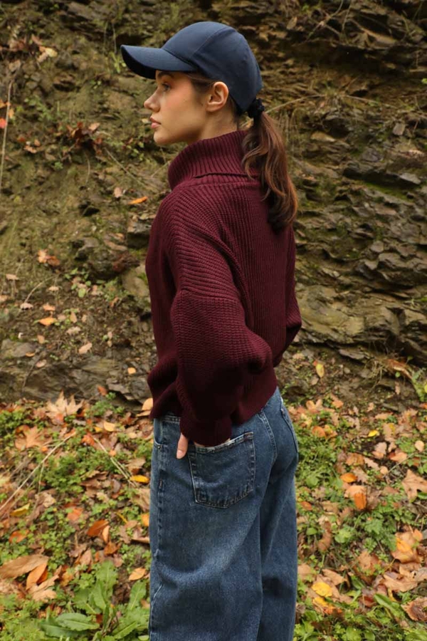 Balıkçı Yaka Fermuarlı Kazak Bordo - 5