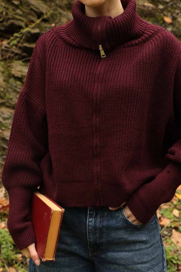 Balıkçı Yaka Fermuarlı Kazak Bordo - 2