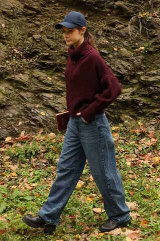 Balıkçı Yaka Fermuarlı Kazak Bordo - 6