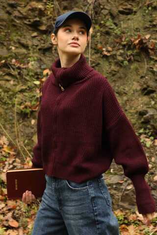 Balıkçı Yaka Fermuarlı Kazak Bordo - 1