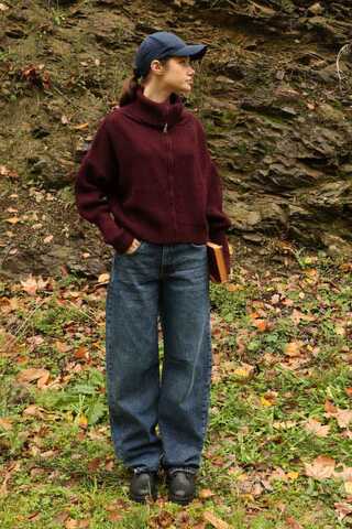 Balıkçı Yaka Fermuarlı Kazak Bordo - 8