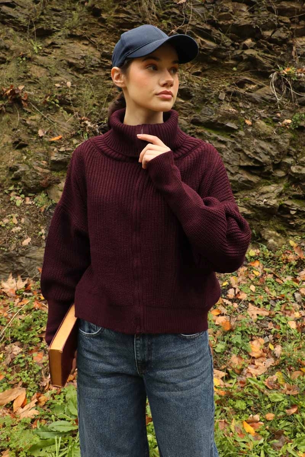 Balıkçı Yaka Fermuarlı Kazak Bordo - 3