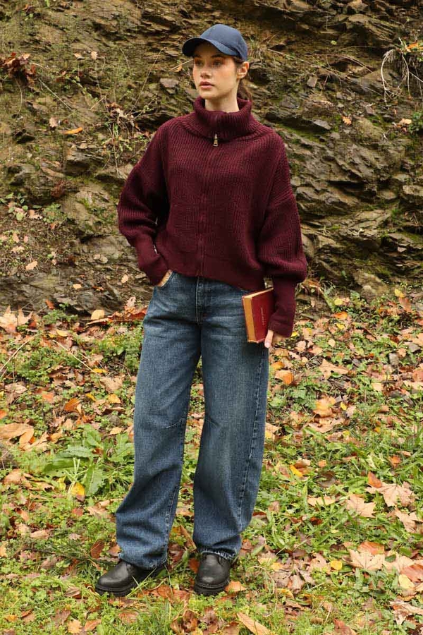 Balıkçı Yaka Fermuarlı Kazak Bordo - 7